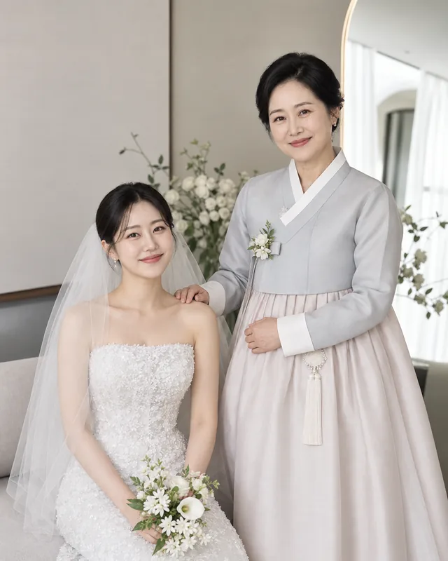 어머니와 나란히 자세를 정돈한 신부