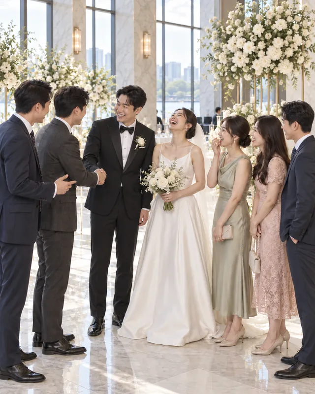 하객들과 인사하며 웃음이 터진 신랑 신부